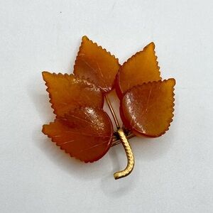 Vtg Kaliningrad Amber Gold Filled Leaves Brooch 2”